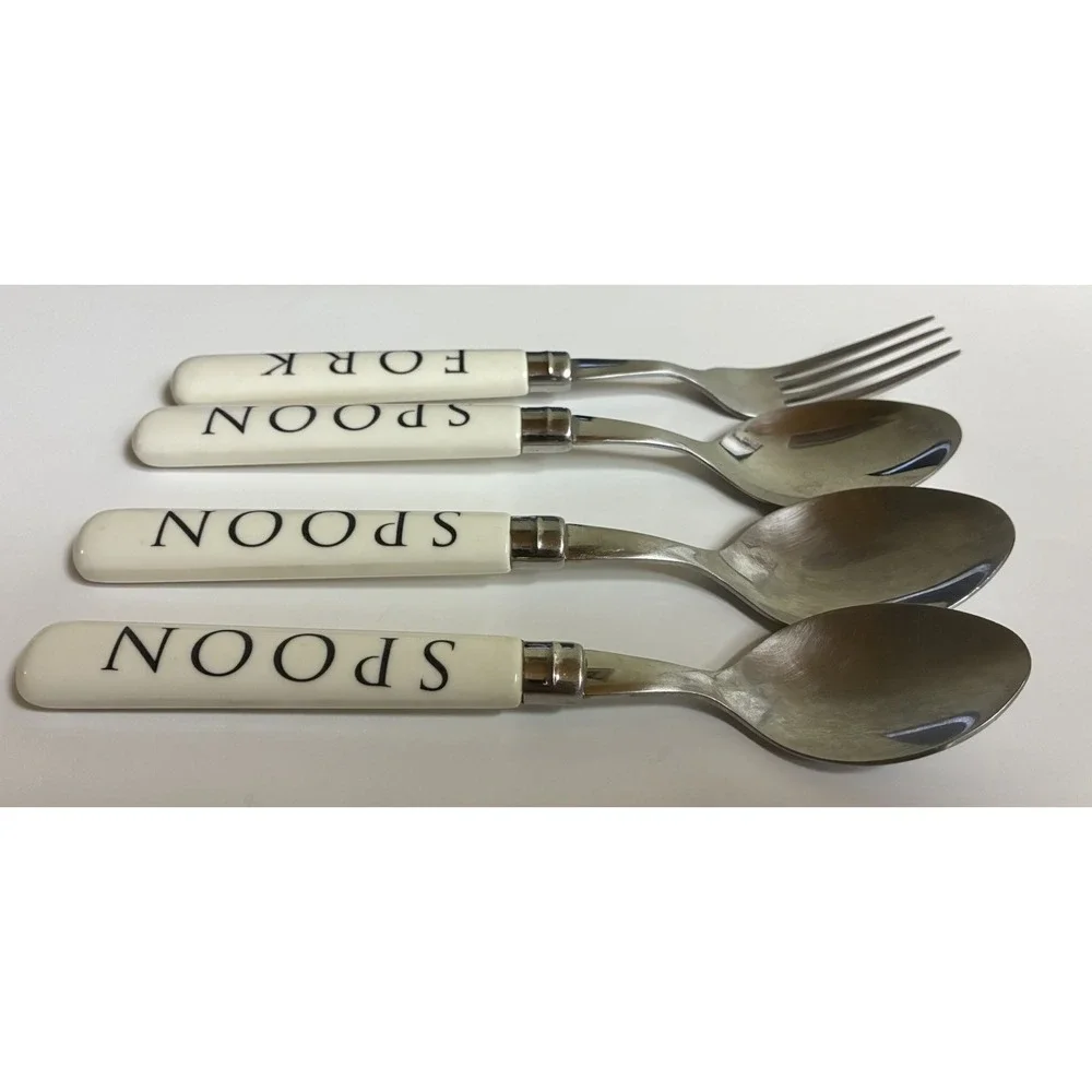 Vintage Flatware 4 Pieces White Plastic Handle Spoon Fork Print‎